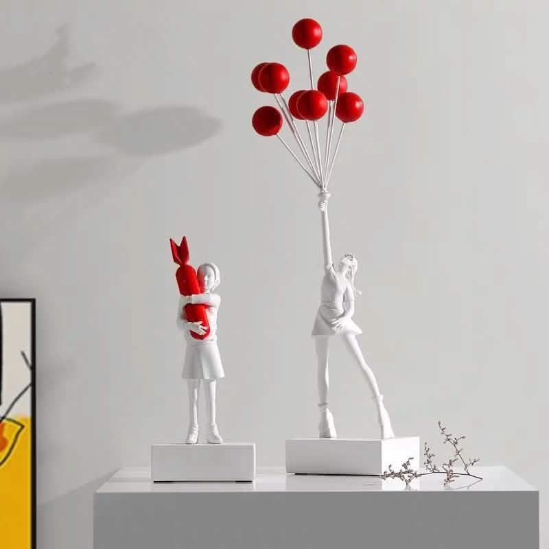 Balloon Girl & Candy Girl Sculptures – Modern Resin Art Décor - White L with Balloons -