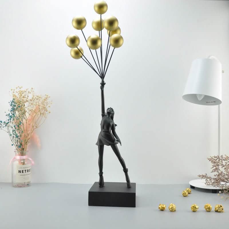 Balloon Girl & Candy Girl Sculptures – Modern Resin Art Décor - Black with Golden Balloon -