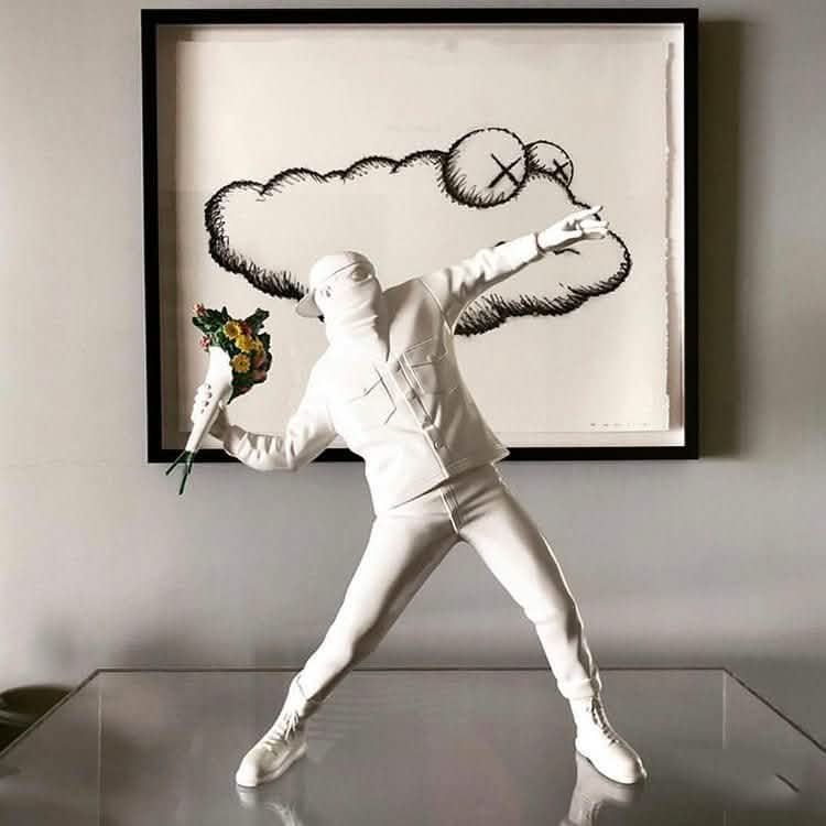 Banksy - Inspired Sculpture – The Flower Thrower Figurine (Large:44cm) - White -