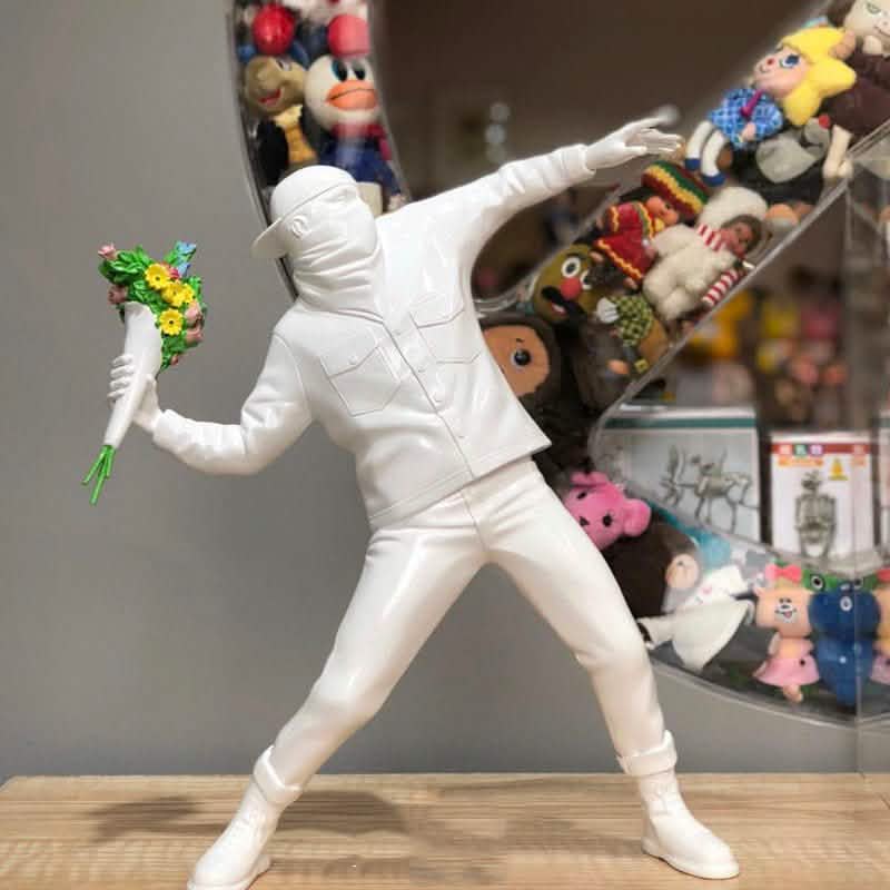 Banksy - Inspired Sculpture – The Flower Thrower Figurine (Large:44cm) - White -