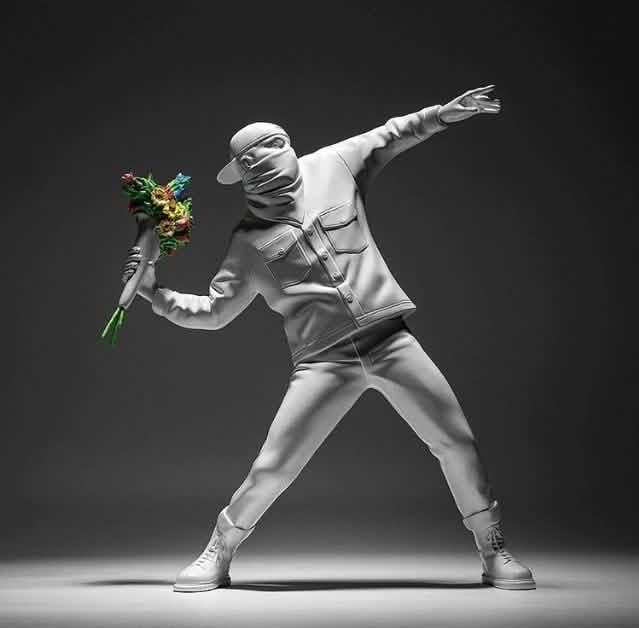 Banksy - Inspired Sculpture – The Flower Thrower Figurine (Large:44cm) - White -