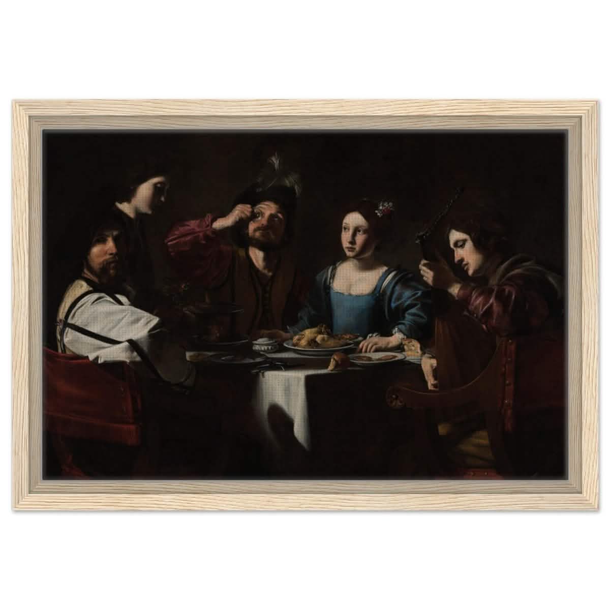 Banquet Scene with a Lute Player by Nicolas Tournier | Vintage Wall art print - Framed Canvas - 30x45 cm / 12x18″ - Wood frame