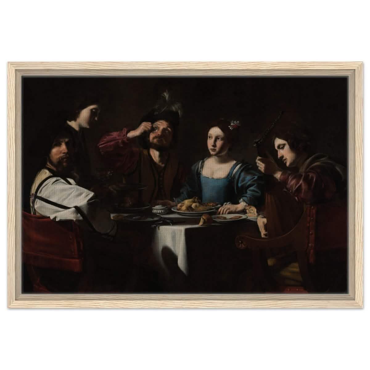 Banquet Scene with a Lute Player by Nicolas Tournier | Vintage Wall art print - Framed Canvas - 40x60 cm / 16x24″ - Wood frame