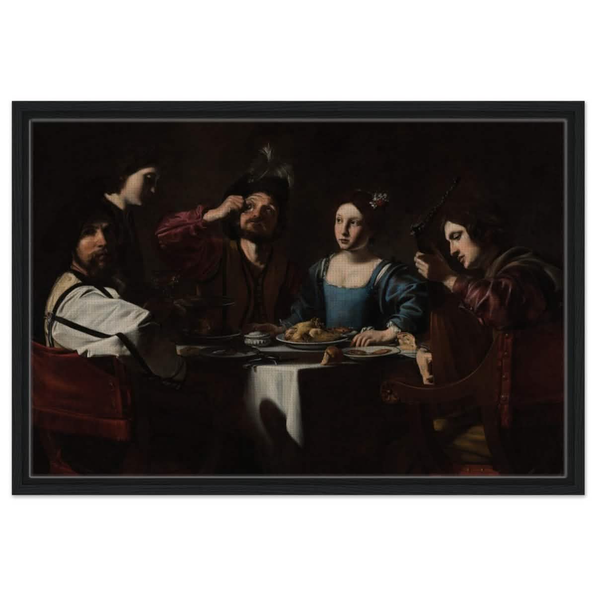 Banquet Scene with a Lute Player by Nicolas Tournier | Vintage Wall art print - Framed Canvas - 50x75 cm / 20x30″ - Black frame
