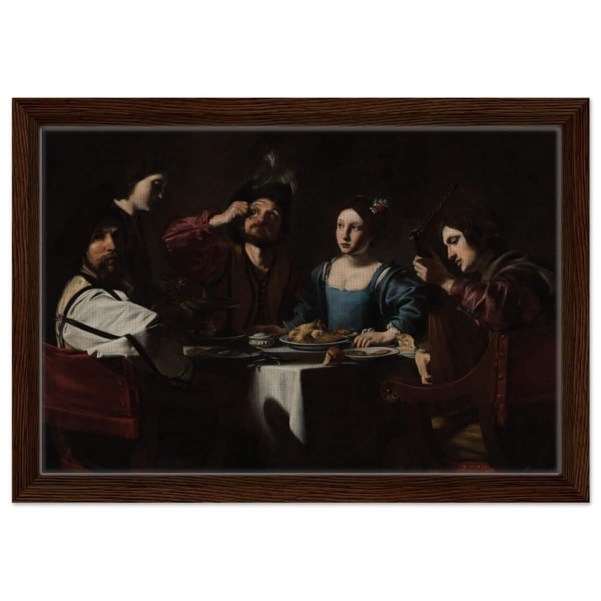 Banquet Scene with a Lute Player by Nicolas Tournier | Vintage Wall art print - Framed Canvas - 30x45 cm / 12x18″ - Dark wood frame