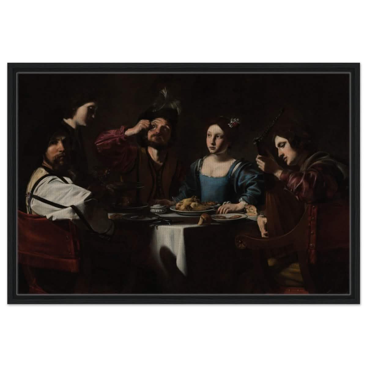 Banquet Scene with a Lute Player by Nicolas Tournier | Vintage Wall art print - Framed Canvas - 60x90 cm / 24x36″ - Black frame