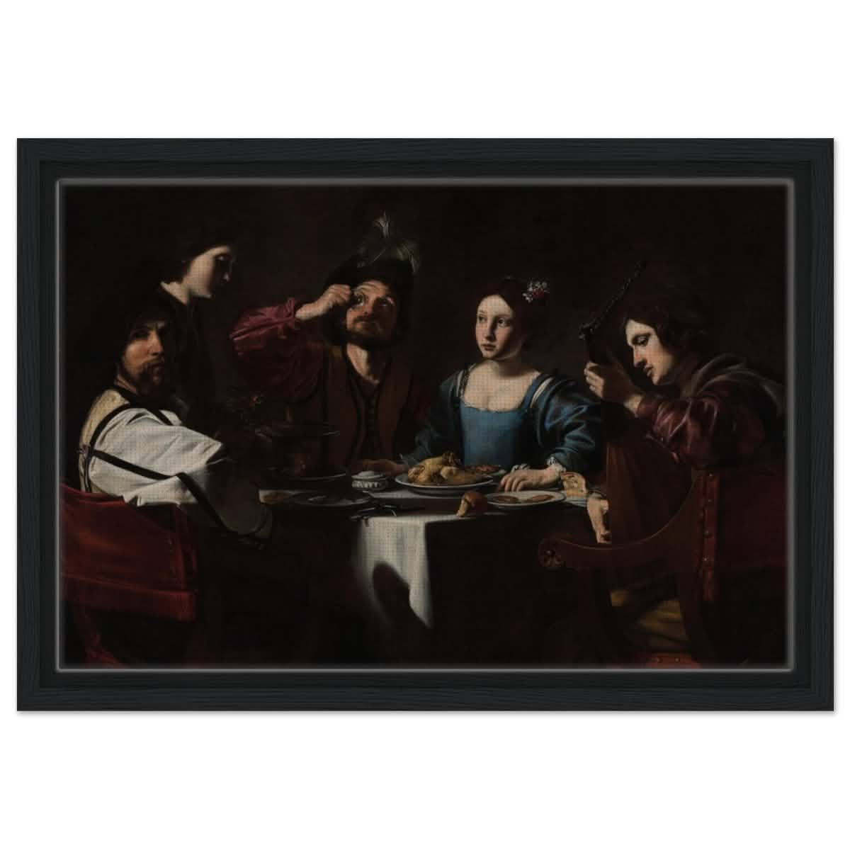 Banquet Scene with a Lute Player by Nicolas Tournier | Vintage Wall art print - Framed Canvas - 30x45 cm / 12x18″ - Black frame