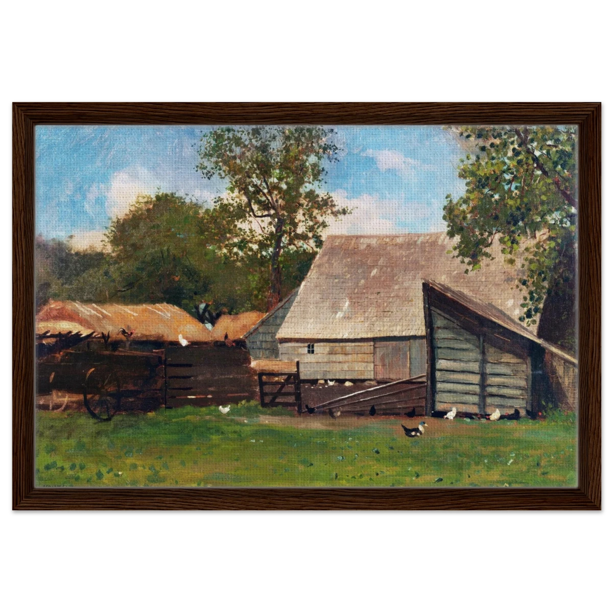 Barnyard Scene – Winslow Homer Rustic Americana Wall Art Print - Framed Canvas - 40x60 cm / 16x24″ - Dark wood frame