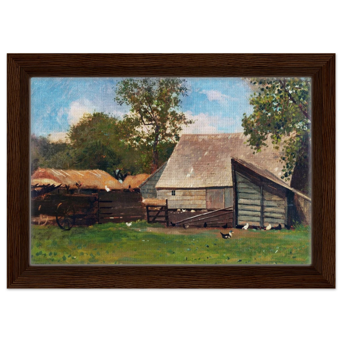 Barnyard Scene – Winslow Homer Rustic Americana Wall Art Print - Framed Canvas - 20x30 cm / 8x12″ - Dark wood frame