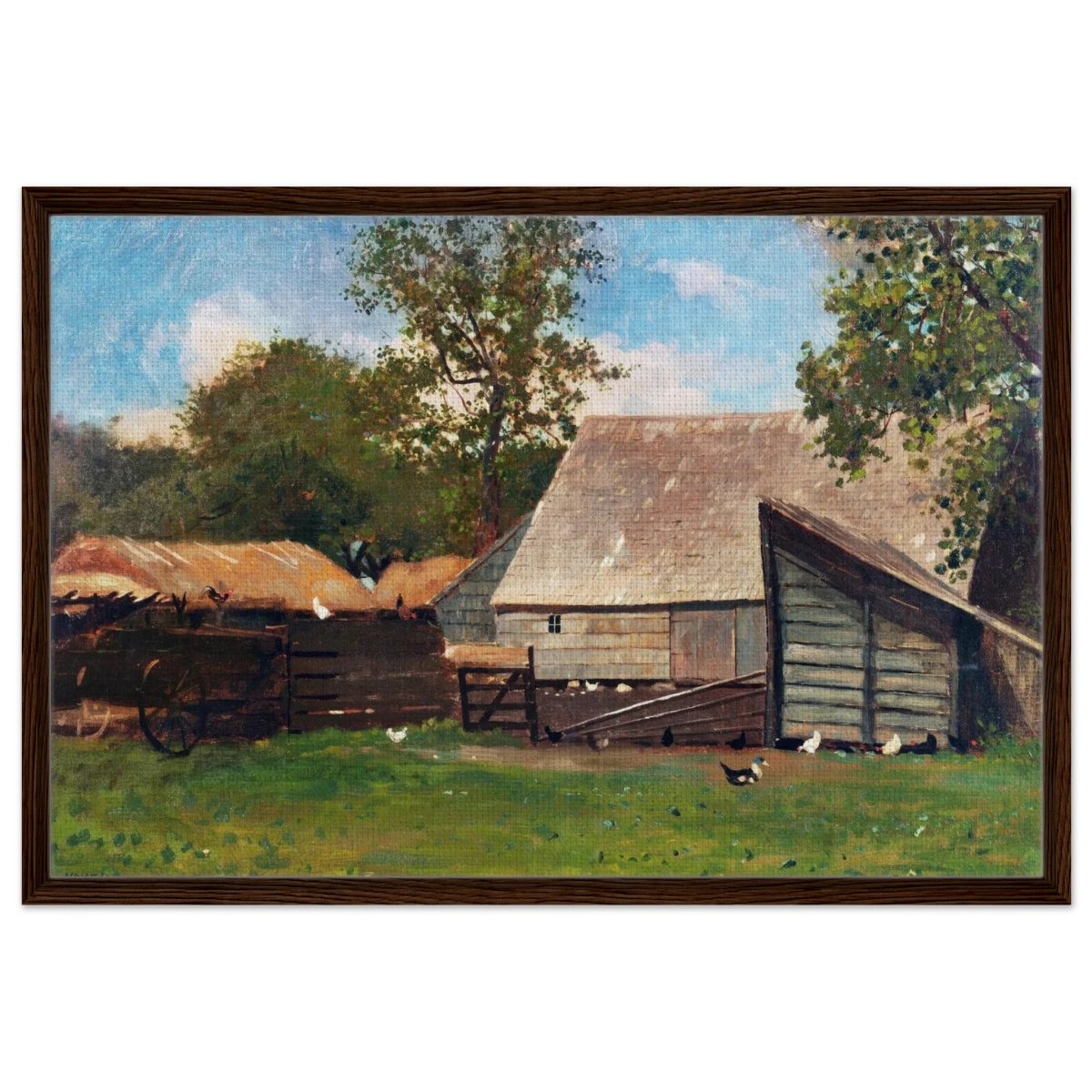 Barnyard Scene – Winslow Homer Rustic Americana Wall Art Print - Framed Canvas - 60x90 cm / 24x36″ - Dark wood frame