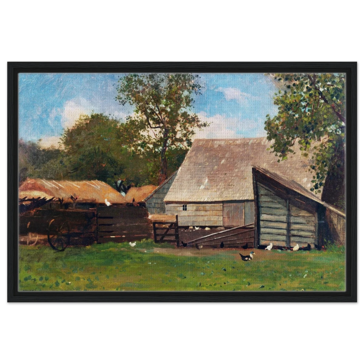 Barnyard Scene – Winslow Homer Rustic Americana Wall Art Print - Framed Canvas - 50x75 cm / 20x30″ - Black frame