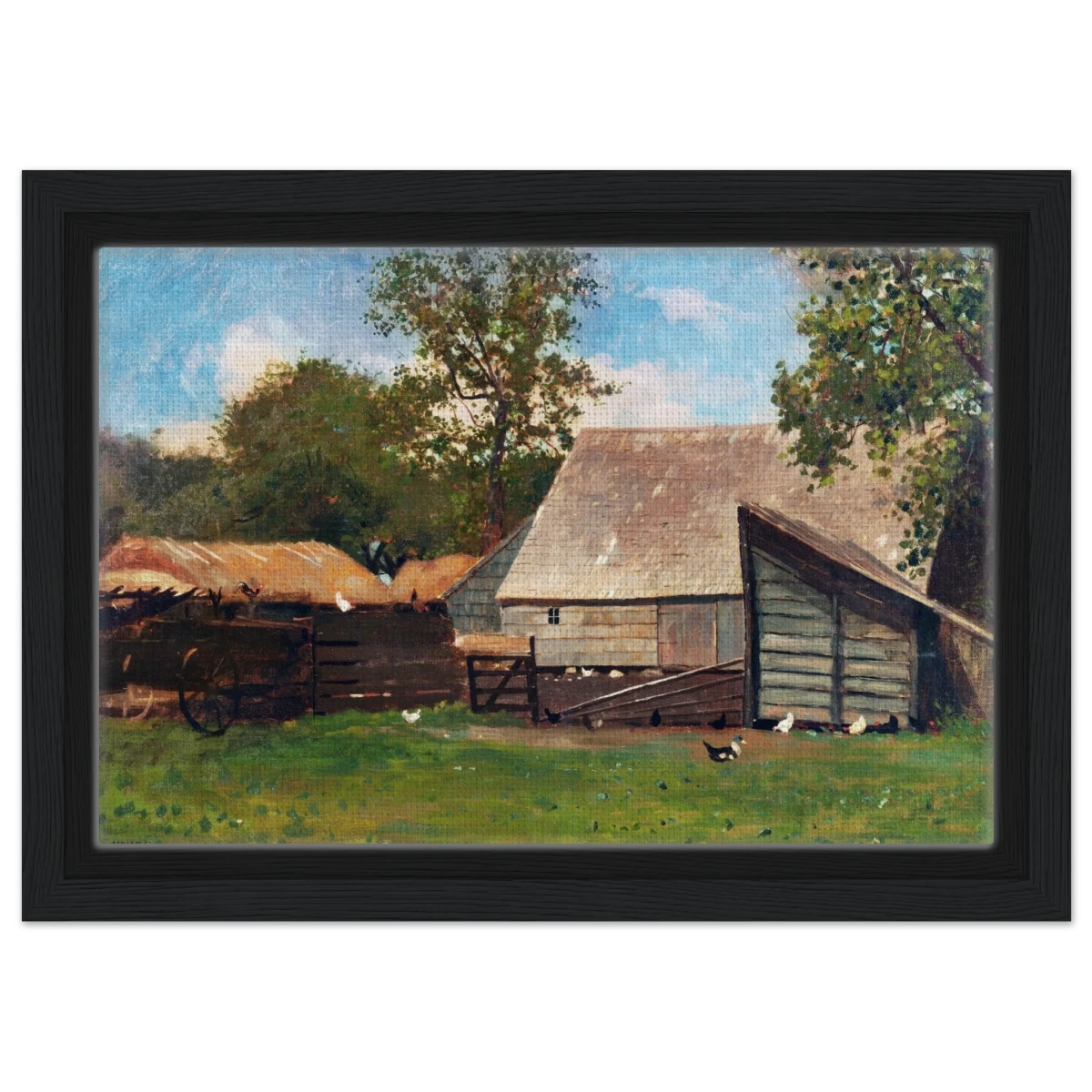 Barnyard Scene – Winslow Homer Rustic Americana Wall Art Print - Framed Canvas - 20x30 cm / 8x12″ - Black frame