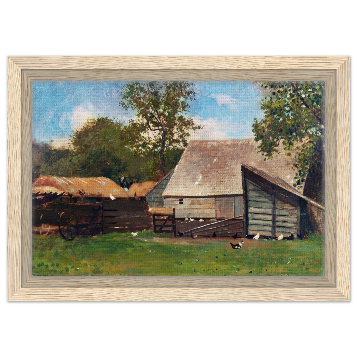 Barnyard Scene – Winslow Homer Rustic Americana Wall Art Print - Framed Canvas - 20x30 cm / 8x12″ - Wood frame