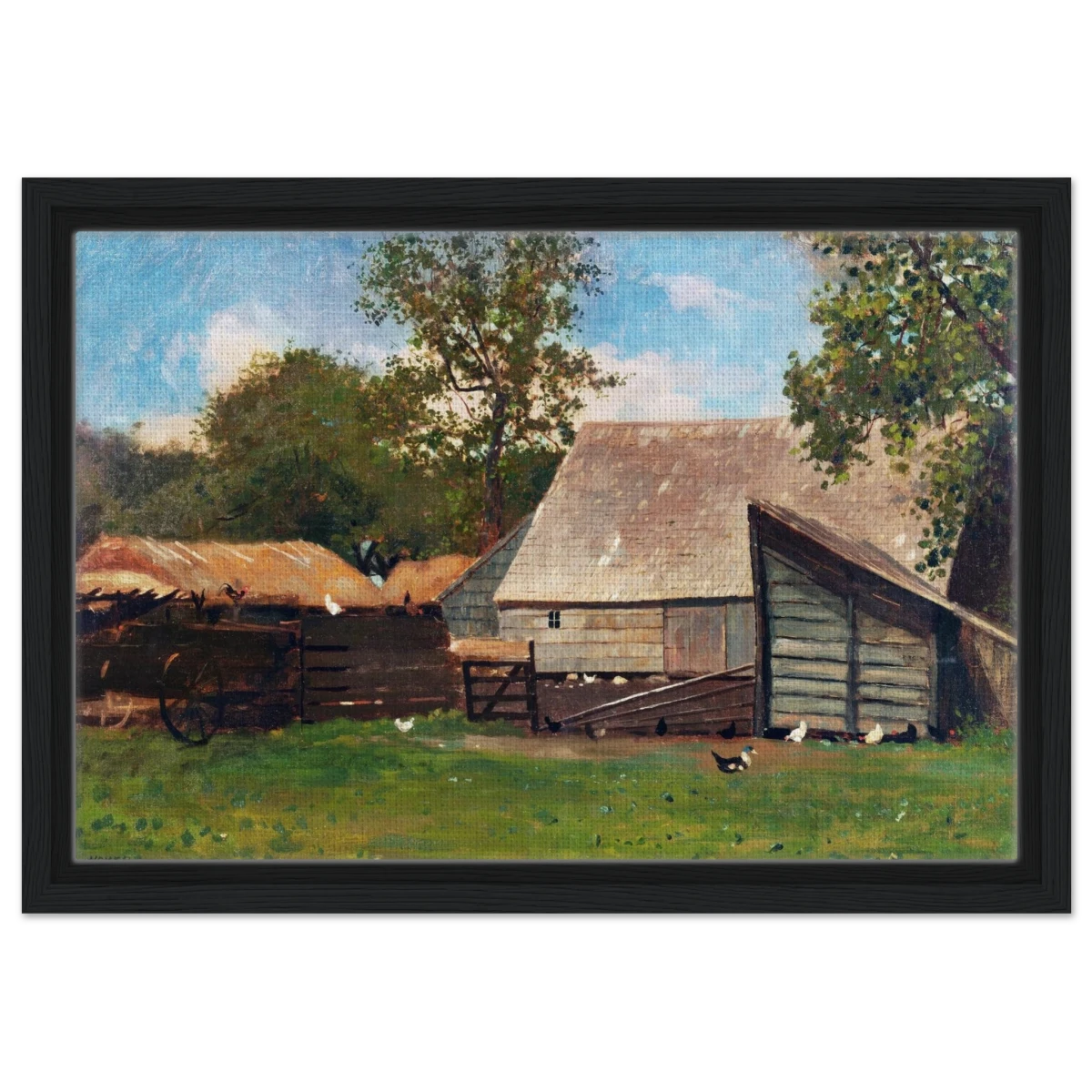 Barnyard Scene – Winslow Homer Rustic Americana Wall Art Print - Framed Canvas - 30x45 cm / 12x18″ - Black frame