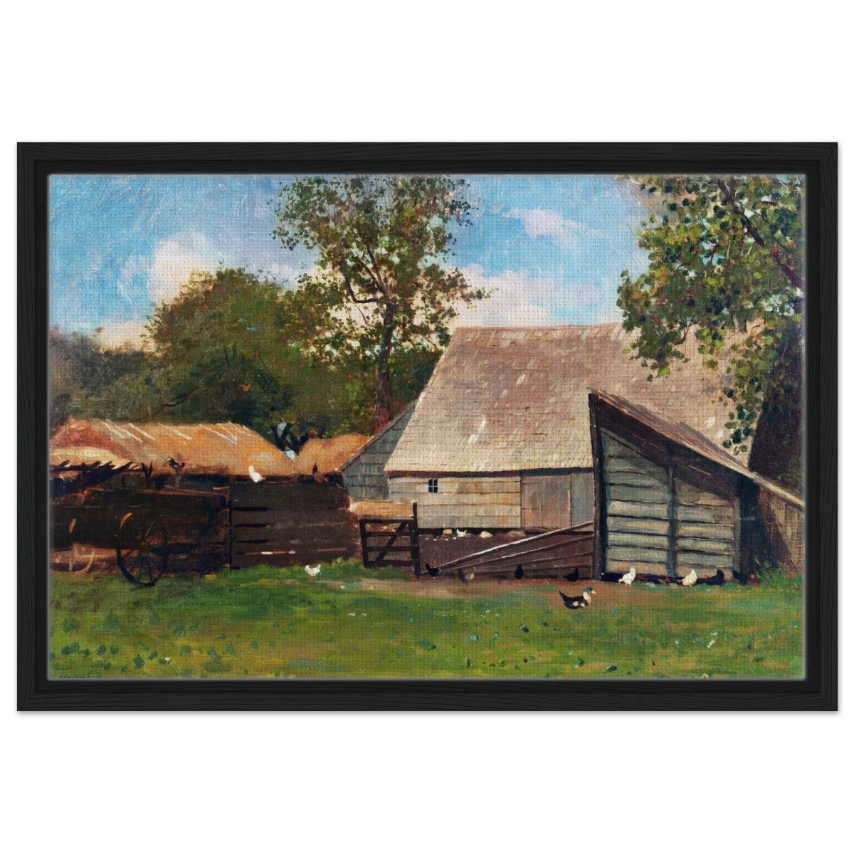 Barnyard Scene – Winslow Homer Rustic Americana Wall Art Print - Framed Canvas - 40x60 cm / 16x24″ - Black frame