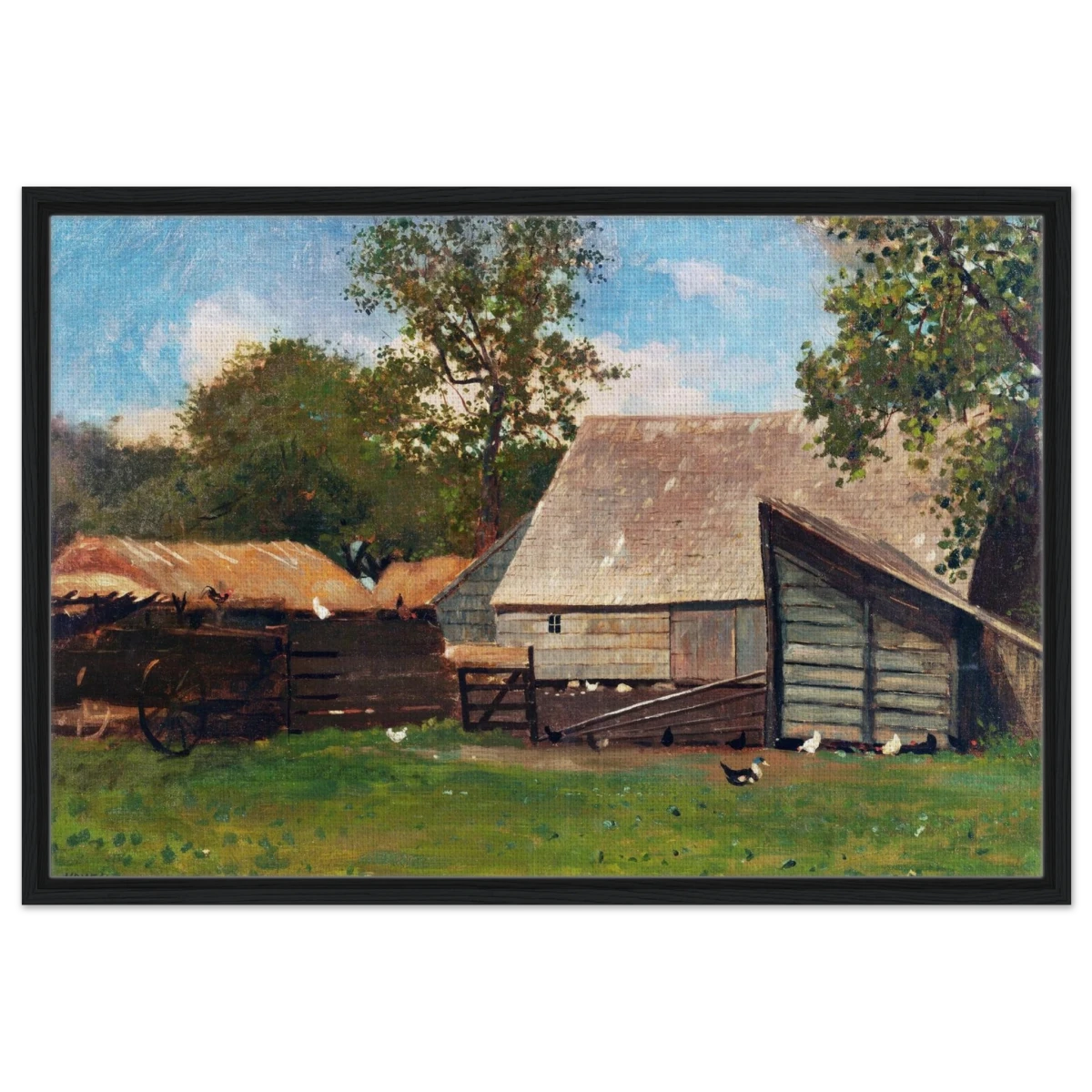 Barnyard Scene – Winslow Homer Rustic Americana Wall Art Print - Framed Canvas - 60x90 cm / 24x36″ - Black frame