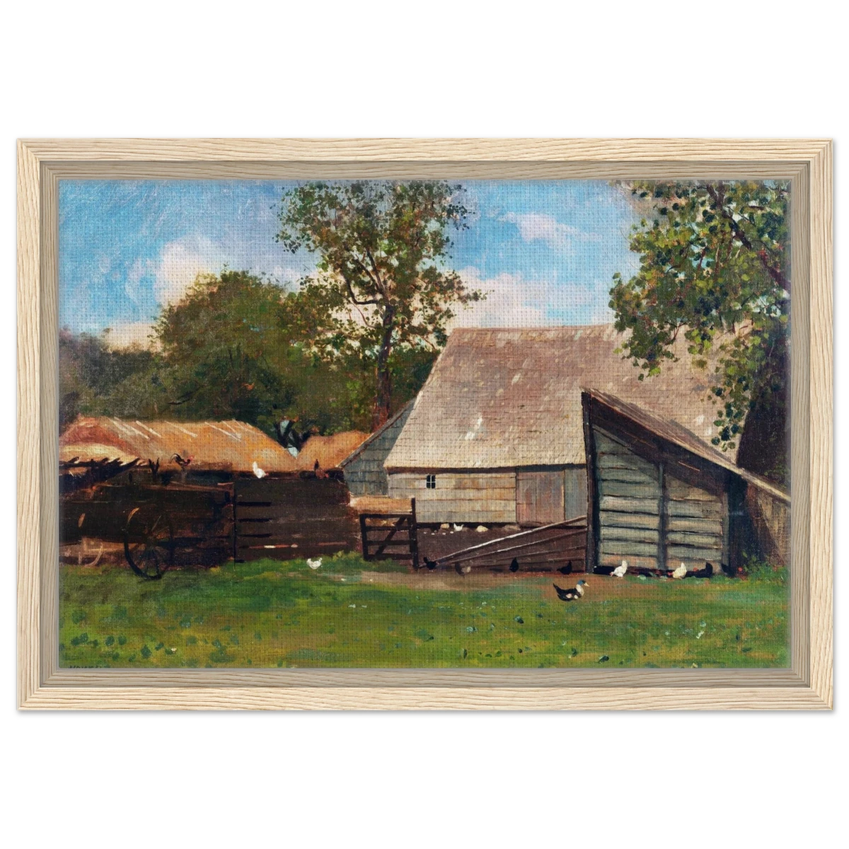 Barnyard Scene – Winslow Homer Rustic Americana Wall Art Print - Framed Canvas - 30x45 cm / 12x18″ - Wood frame