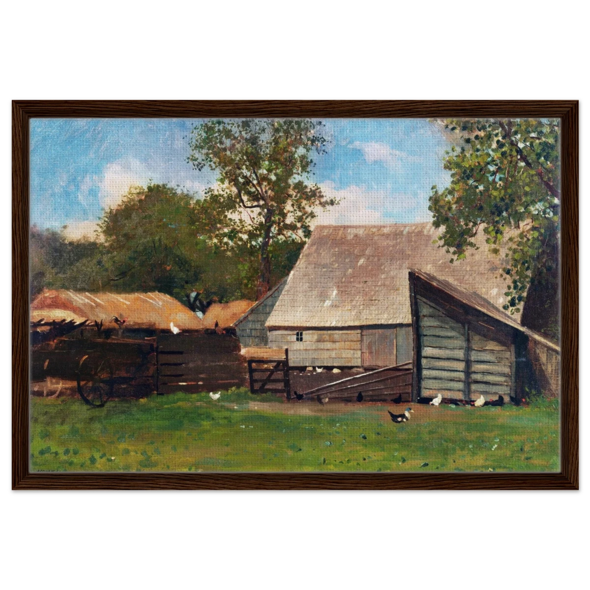 Barnyard Scene – Winslow Homer Rustic Americana Wall Art Print - Framed Canvas - 50x75 cm / 20x30″ - Dark wood frame