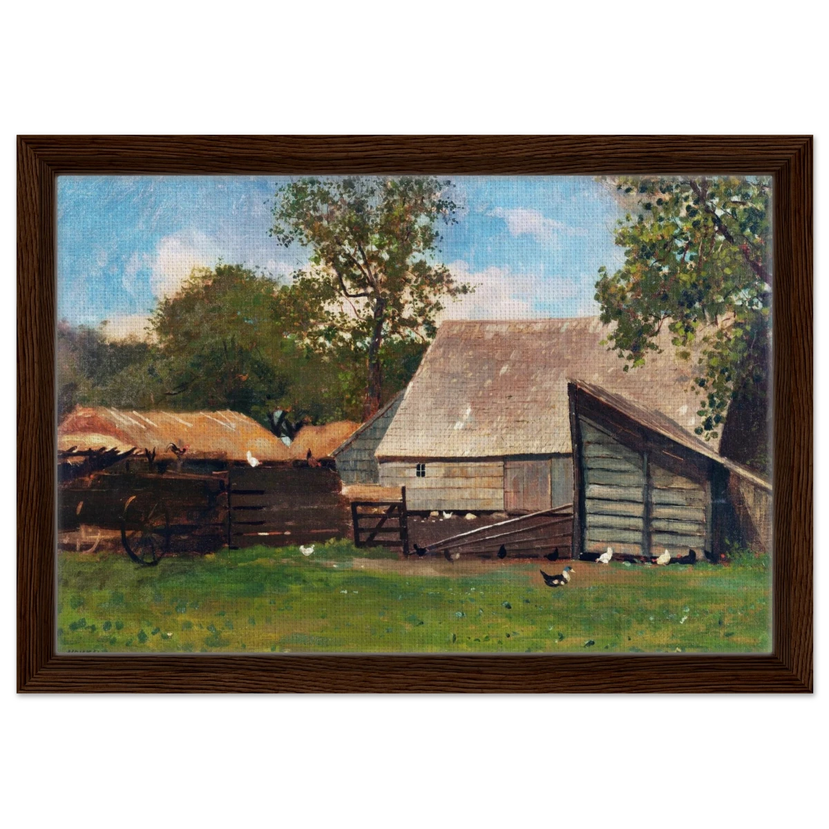 Barnyard Scene – Winslow Homer Rustic Americana Wall Art Print - Framed Canvas - 30x45 cm / 12x18″ - Dark wood frame