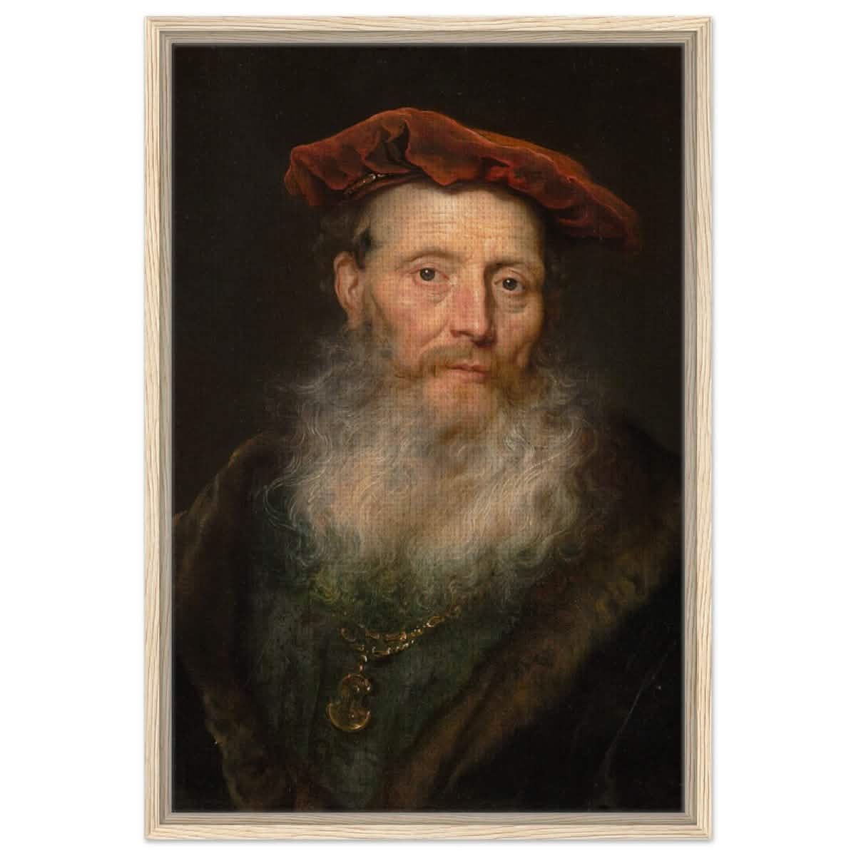 Bearded Man with a Velvet Cap by Govert Flinck | Vintage Wall art print - Framed Canvas - 50x75 cm / 20x30″ - Wood frame