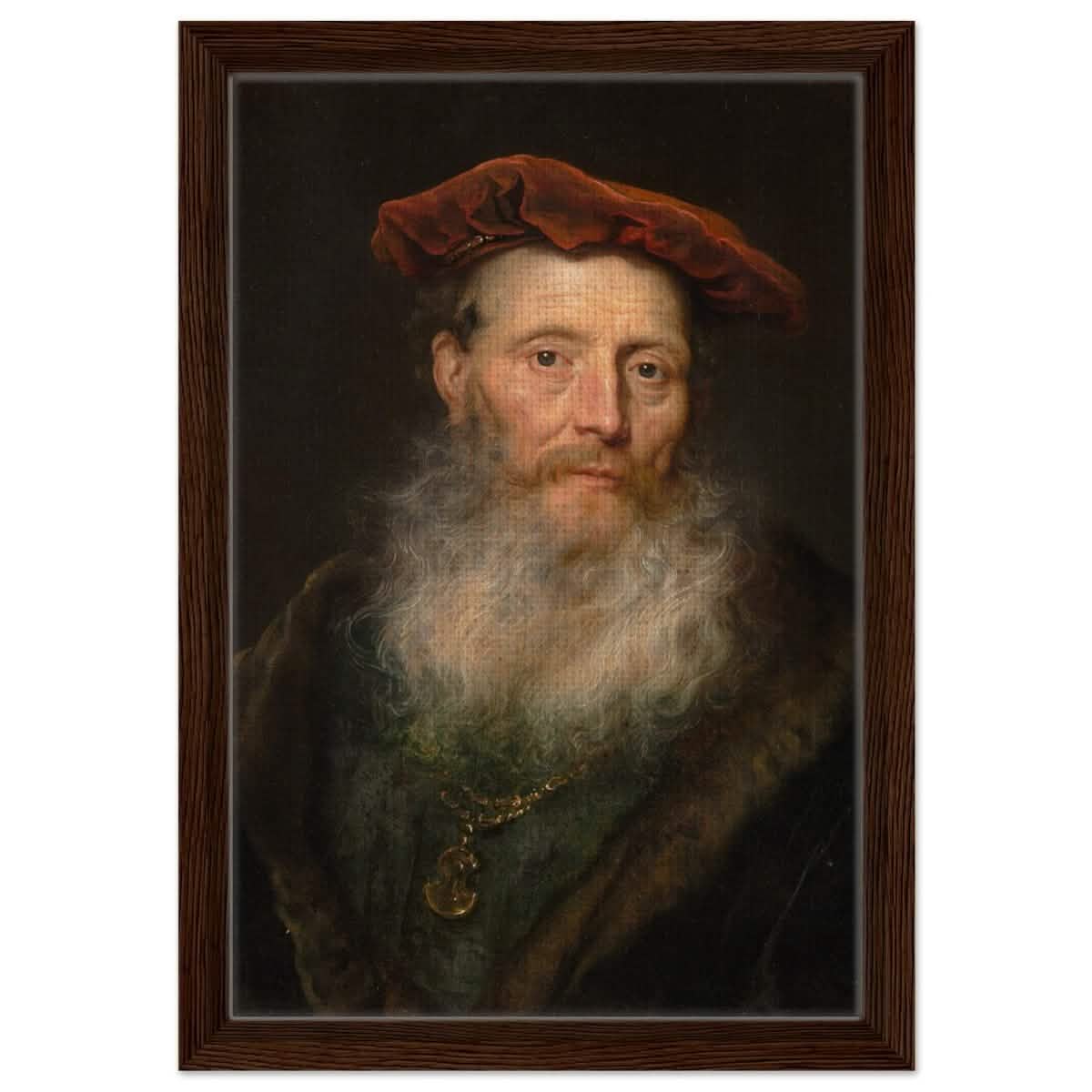 Bearded Man with a Velvet Cap by Govert Flinck | Vintage Wall art print - Framed Canvas - 30x45 cm / 12x18″ - Dark wood frame