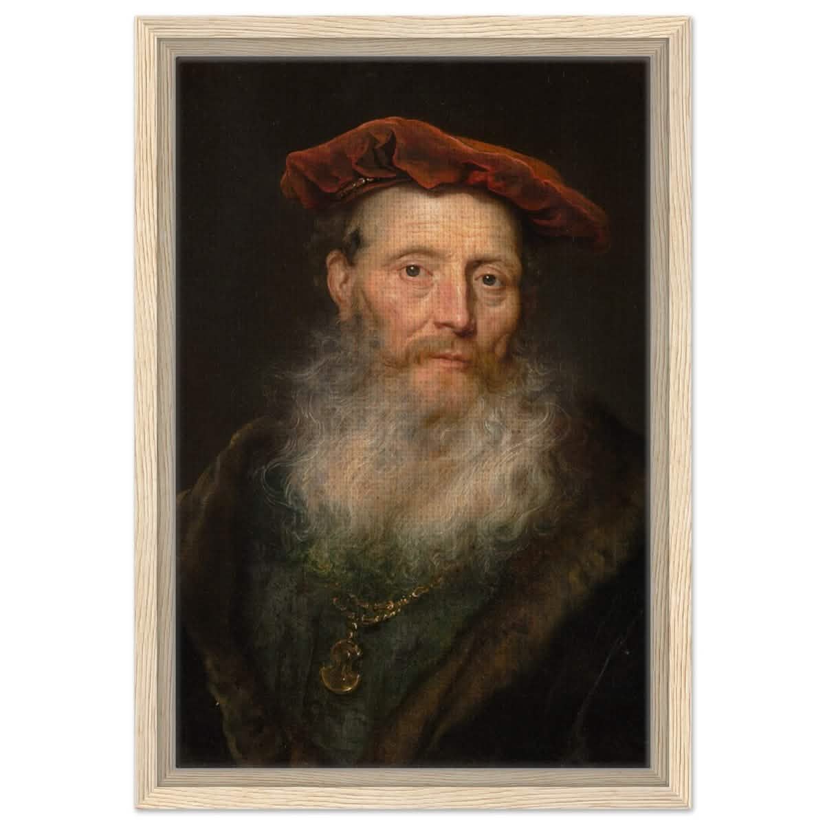 Bearded Man with a Velvet Cap by Govert Flinck | Vintage Wall art print - Framed Canvas - 30x45 cm / 12x18″ - Wood frame
