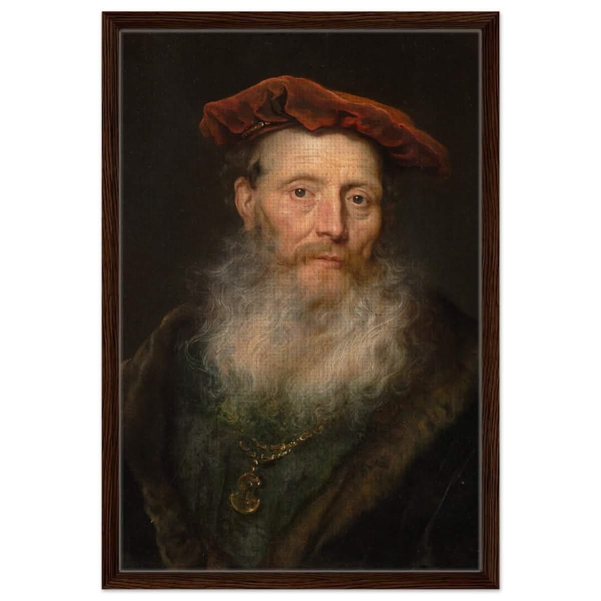 Bearded Man with a Velvet Cap by Govert Flinck | Vintage Wall art print - Framed Canvas - 50x75 cm / 20x30″ - Dark wood frame