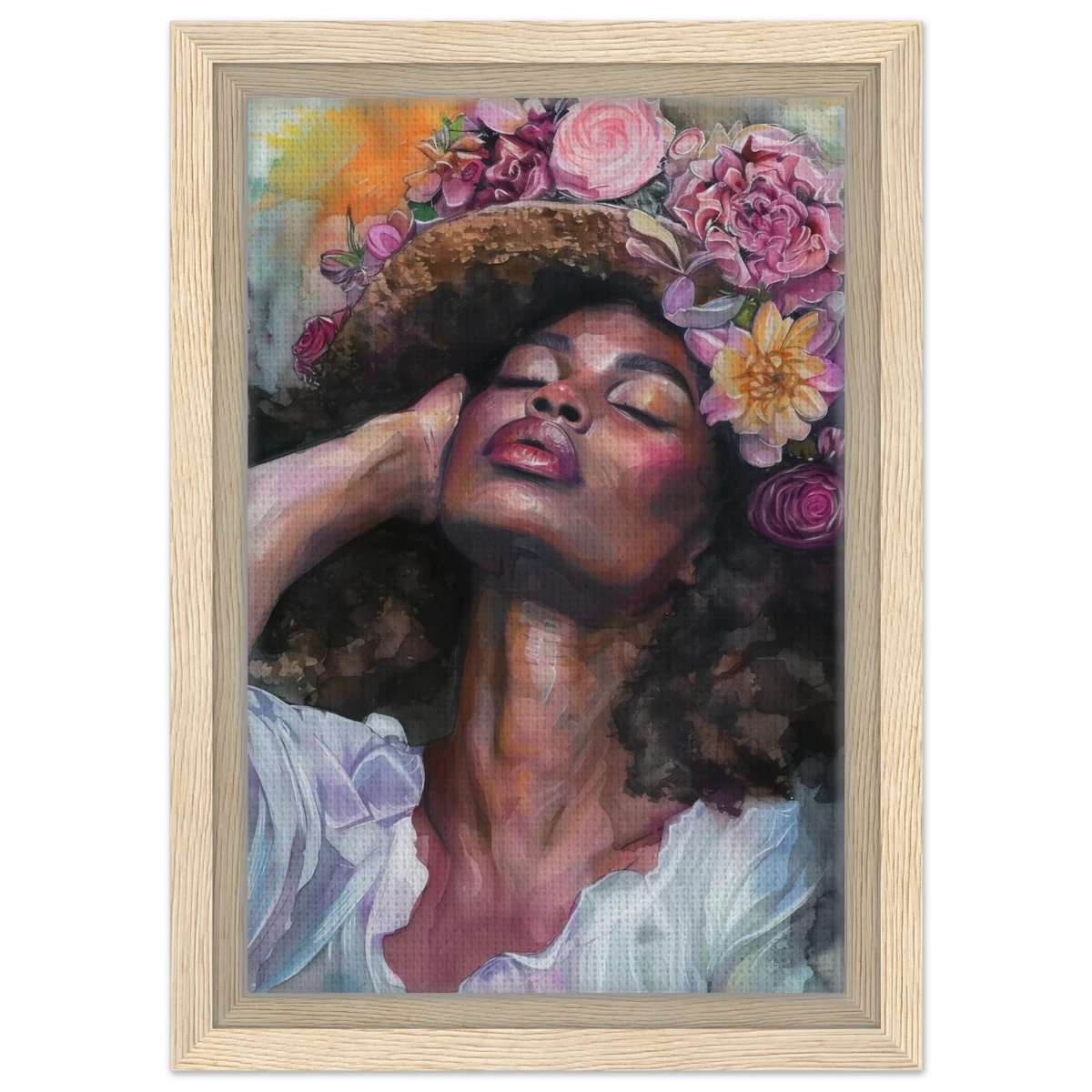 "Bloom in Serenity" – Floral Portrait Watercolor Art | Wall art Print - Framed Canvas - 20x30 cm / 8x12″ - Wood frame