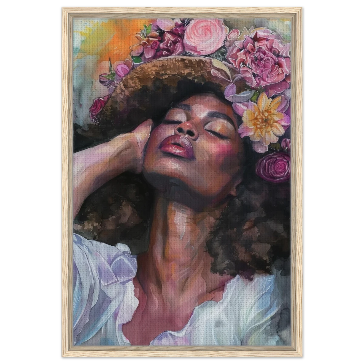 "Bloom in Serenity" – Floral Portrait Watercolor Art | Wall art Print - Framed Canvas - 50x75 cm / 20x30″ - Wood frame