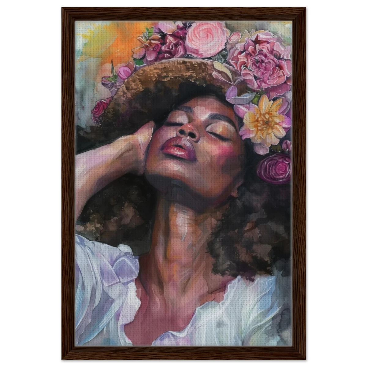 "Bloom in Serenity" – Floral Portrait Watercolor Art | Wall art Print - Framed Canvas - 40x60 cm / 16x24″ - Dark wood frame