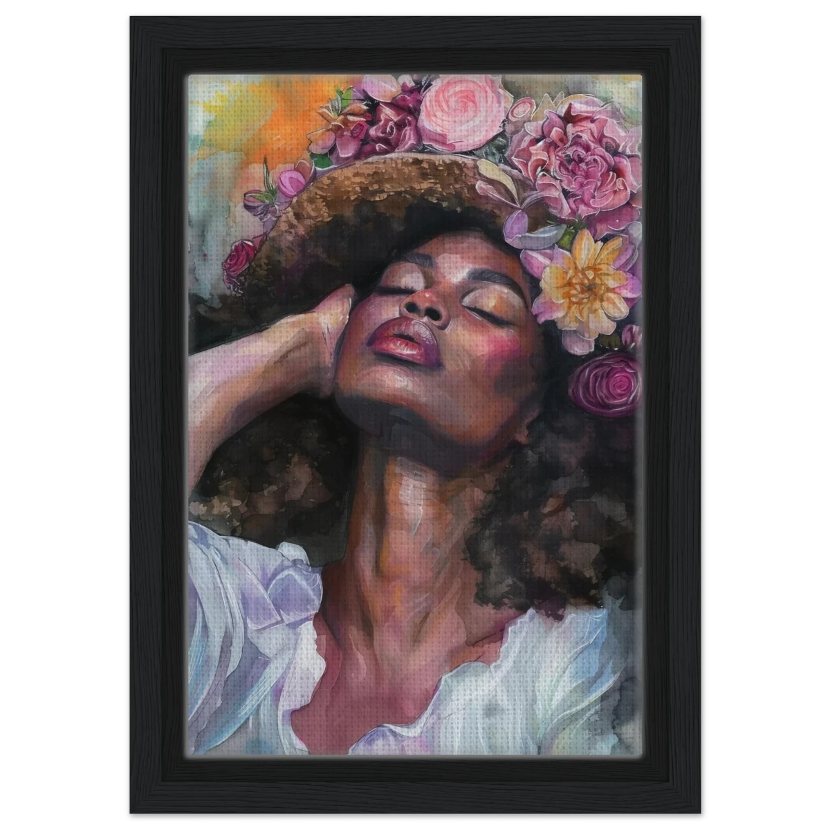 "Bloom in Serenity" – Floral Portrait Watercolor Art | Wall art Print - Framed Canvas - 20x30 cm / 8x12″ - Black frame