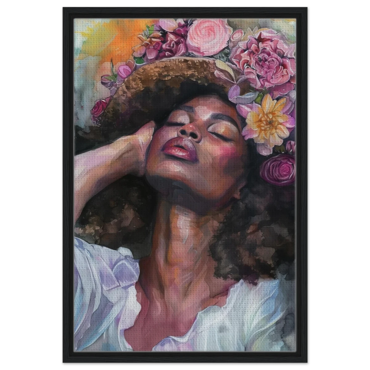 "Bloom in Serenity" – Floral Portrait Watercolor Art | Wall art Print - Framed Canvas - 50x75 cm / 20x30″ - Black frame