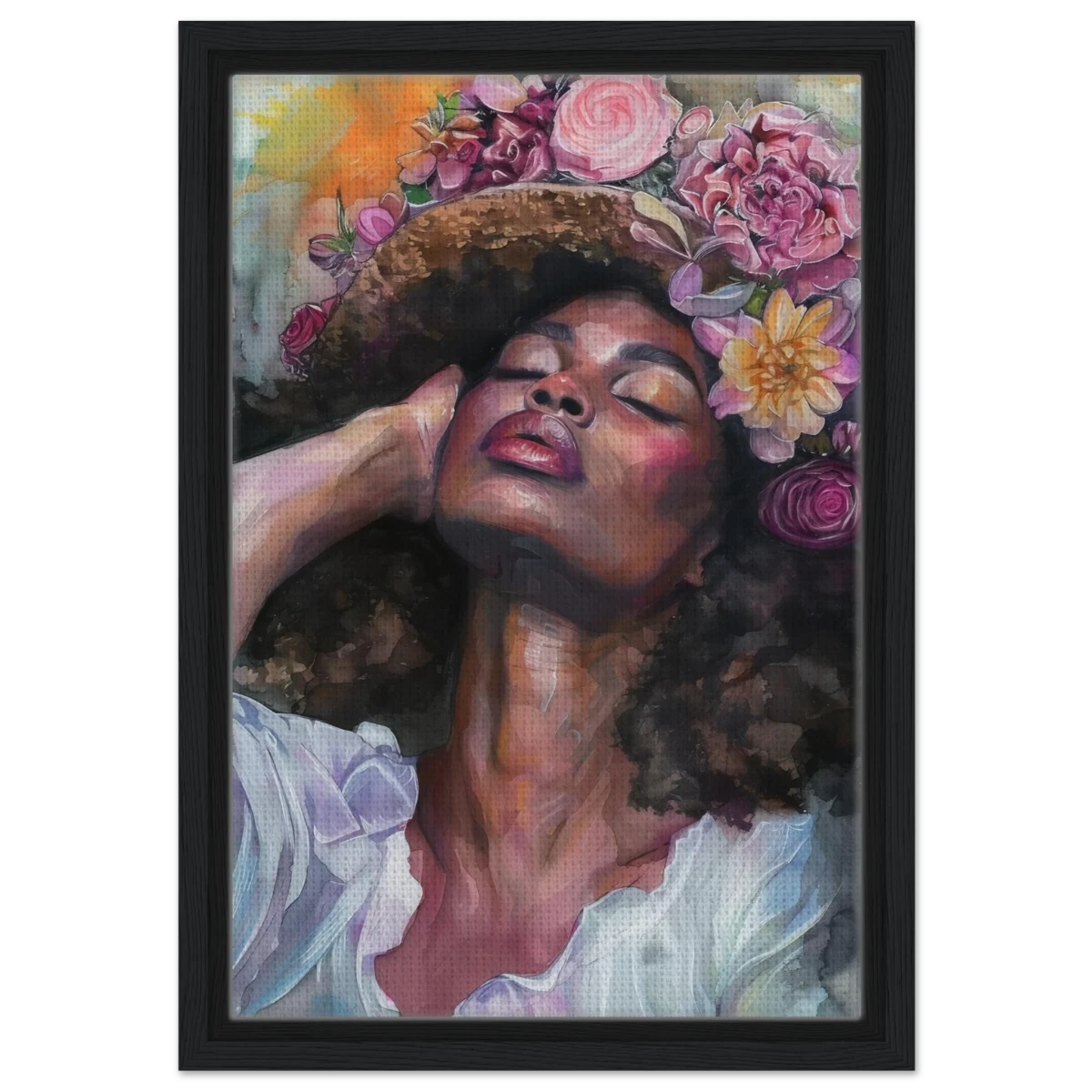 "Bloom in Serenity" – Floral Portrait Watercolor Art | Wall art Print - Framed Canvas - 30x45 cm / 12x18″ - Black frame