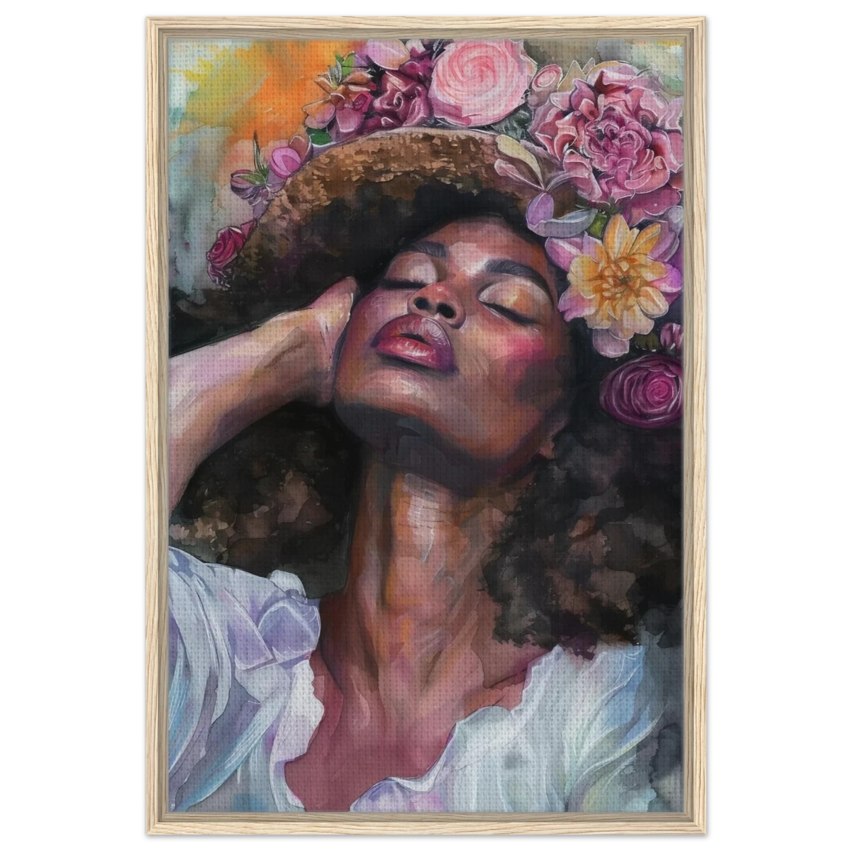 "Bloom in Serenity" – Floral Portrait Watercolor Art | Wall art Print - Framed Canvas - 60x90 cm / 24x36″ - Wood frame