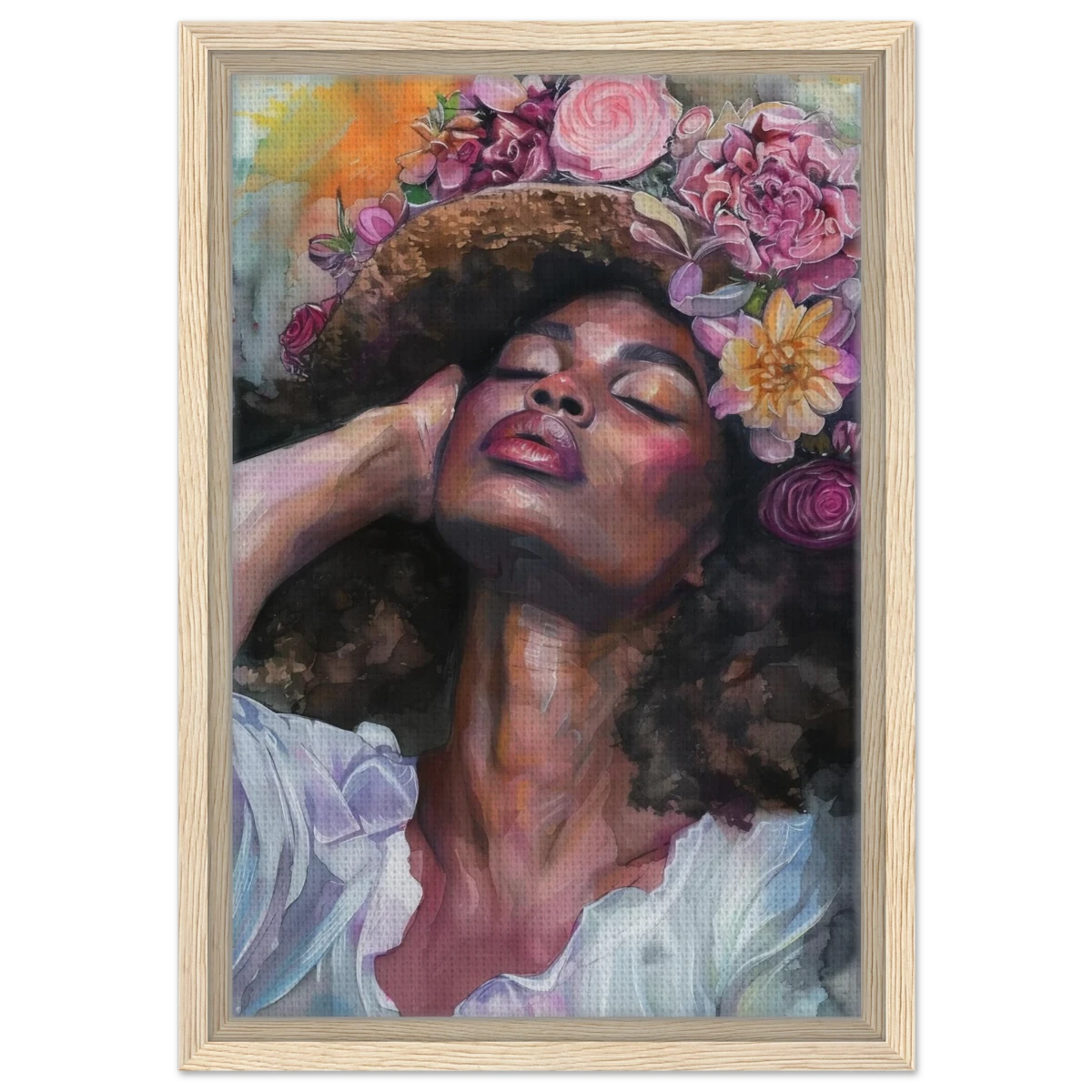 "Bloom in Serenity" – Floral Portrait Watercolor Art | Wall art Print - Framed Canvas - 30x45 cm / 12x18″ - Wood frame