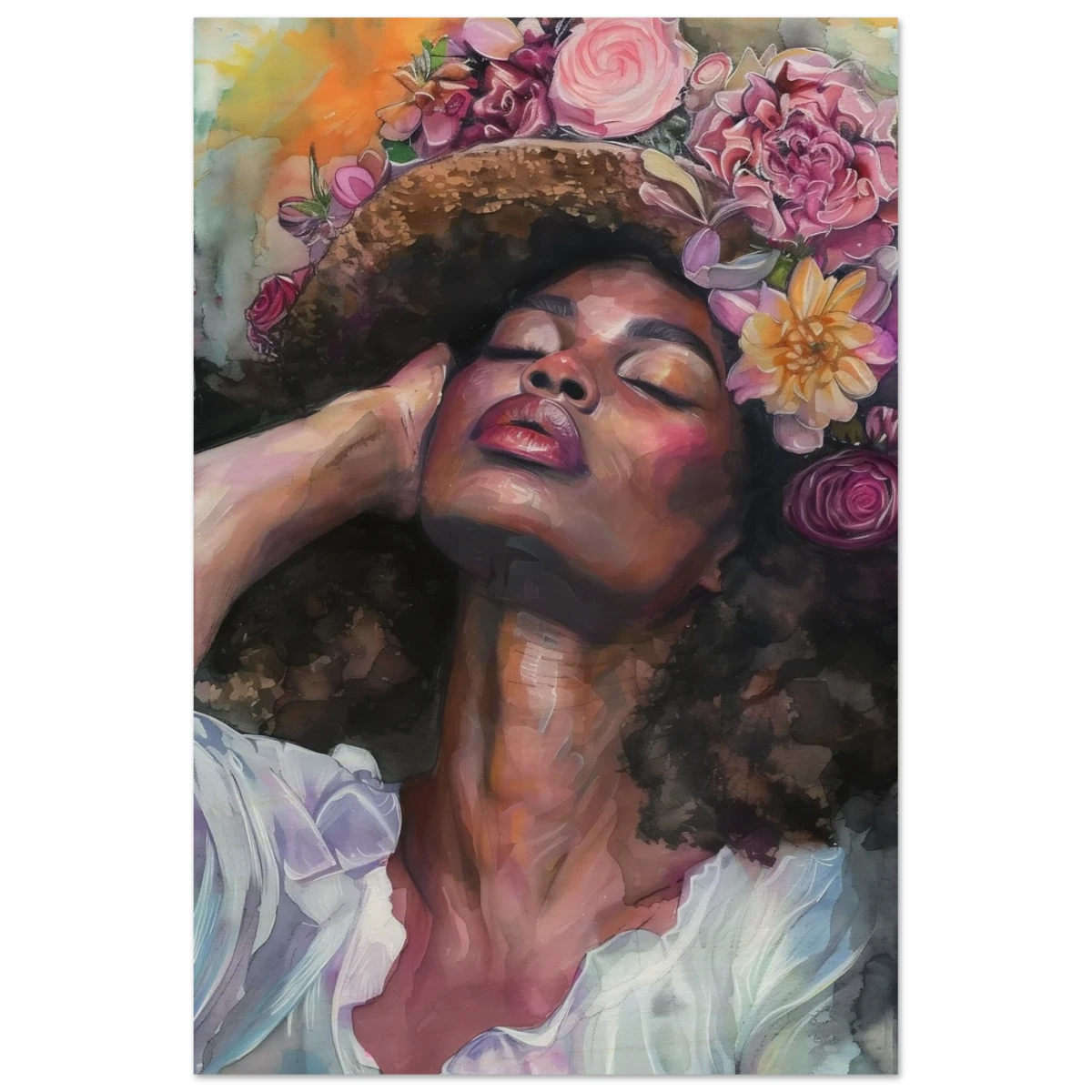 "Bloom in Serenity" – Floral Portrait Watercolor Art | Wall art Print - Wood Prints - 50x75 cm / 20x30″ -