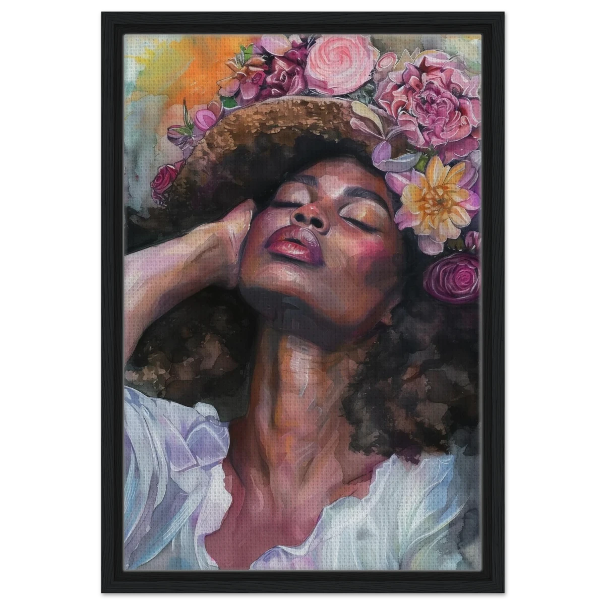 "Bloom in Serenity" – Floral Portrait Watercolor Art | Wall art Print - Framed Canvas - 40x60 cm / 16x24″ - Black frame
