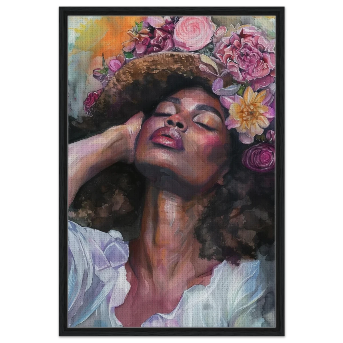 "Bloom in Serenity" – Floral Portrait Watercolor Art | Wall art Print - Framed Canvas - 60x90 cm / 24x36″ - Black frame
