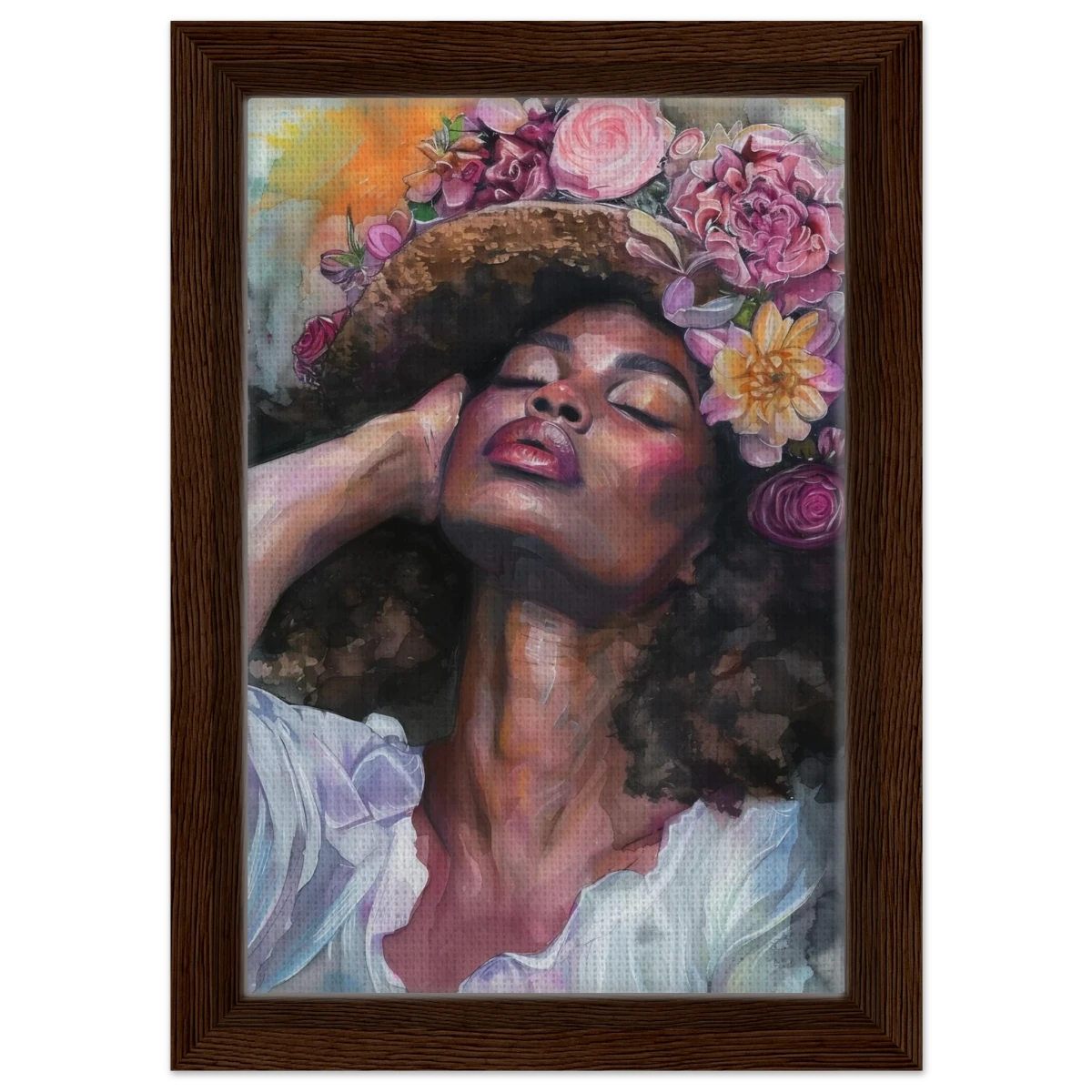 "Bloom in Serenity" – Floral Portrait Watercolor Art | Wall art Print - Framed Canvas - 20x30 cm / 8x12″ - Dark wood frame