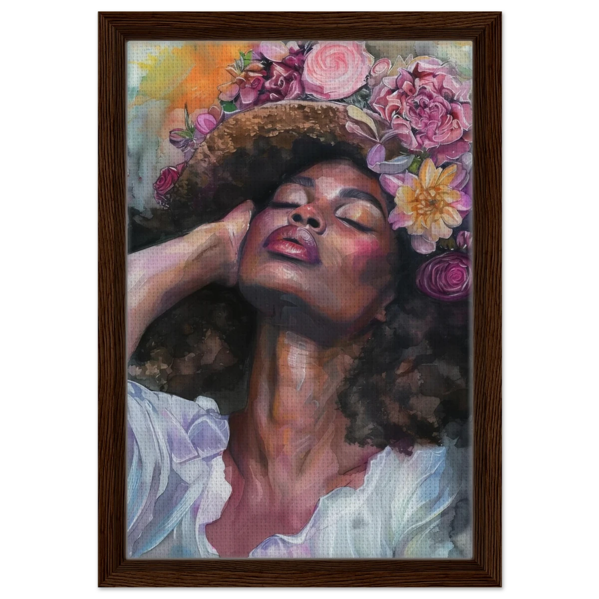 "Bloom in Serenity" – Floral Portrait Watercolor Art | Wall art Print - Framed Canvas - 30x45 cm / 12x18″ - Dark wood frame