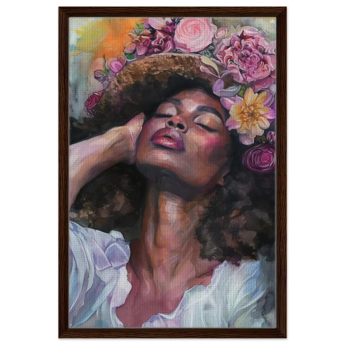 "Bloom in Serenity" – Floral Portrait Watercolor Art | Wall art Print - Framed Canvas - 50x75 cm / 20x30″ - Dark wood frame