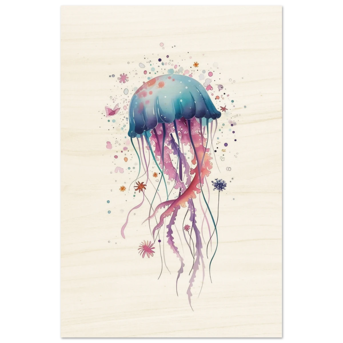 "Bloom in the Deep" – Abstract Jellyfish Wall Art Print - Wood Prints - 20x30 cm / 8x12″ -