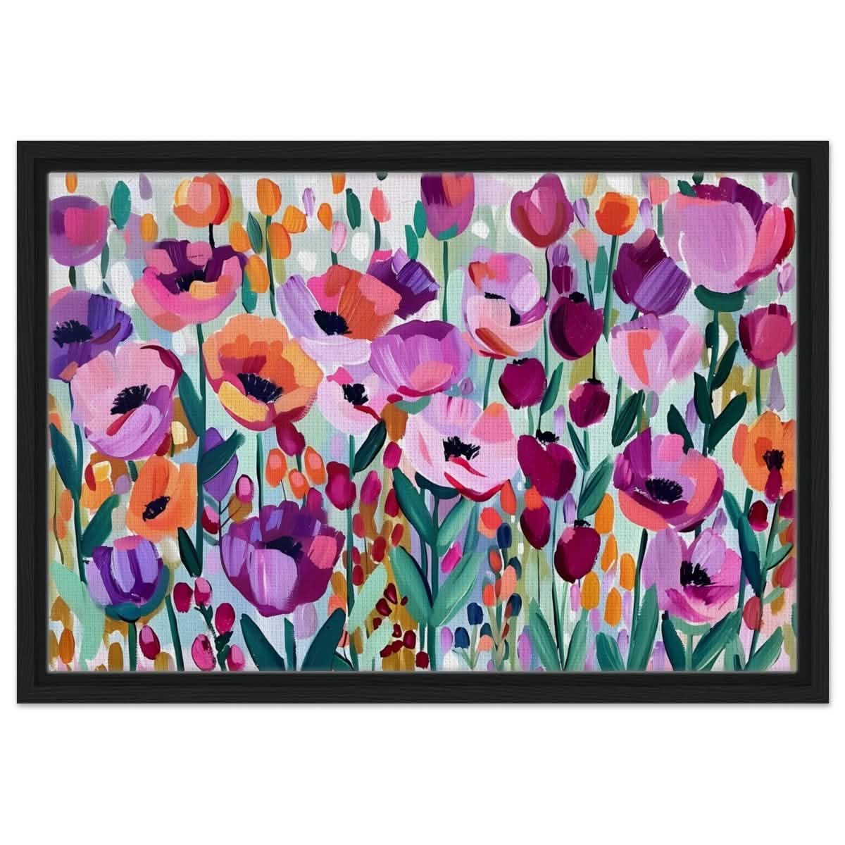 Bloom Symphony: Vibrant Floral Delight | Abstract wall art print - Framed Canvas - 40x60 cm / 16x24″ - Black frame