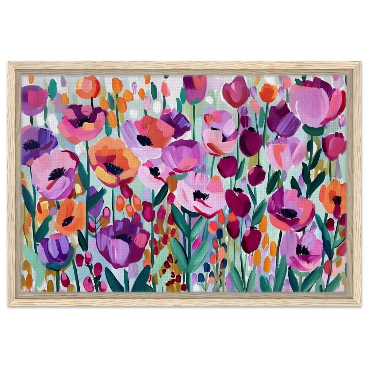 Bloom Symphony: Vibrant Floral Delight | Abstract wall art print - Framed Canvas - 40x60 cm / 16x24″ - Wood frame
