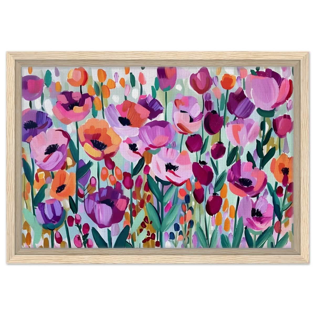 Bloom Symphony: Vibrant Floral Delight | Abstract wall art print - Framed Canvas - 30x45 cm / 12x18″ - Wood frame