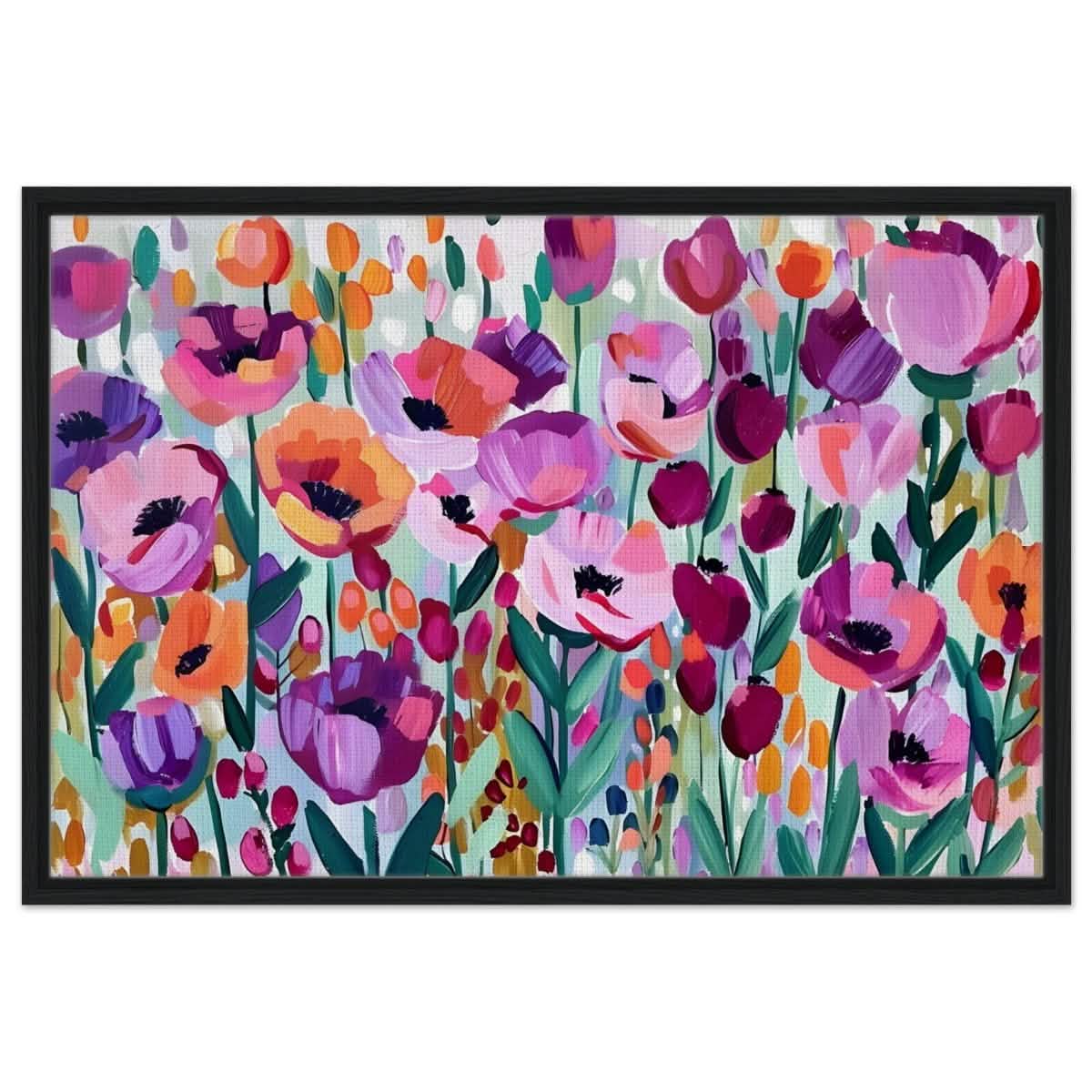 Bloom Symphony: Vibrant Floral Delight | Abstract wall art print - Framed Canvas - 60x90 cm / 24x36″ - Black frame