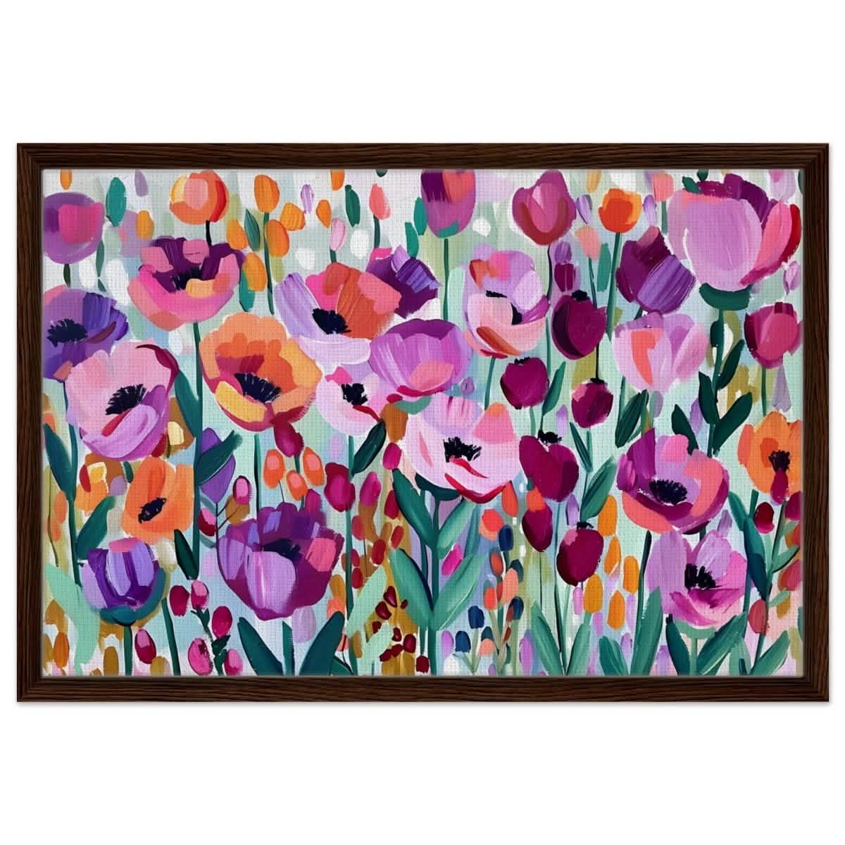 Bloom Symphony: Vibrant Floral Delight | Abstract wall art print - Framed Canvas - 50x75 cm / 20x30″ - Dark wood frame