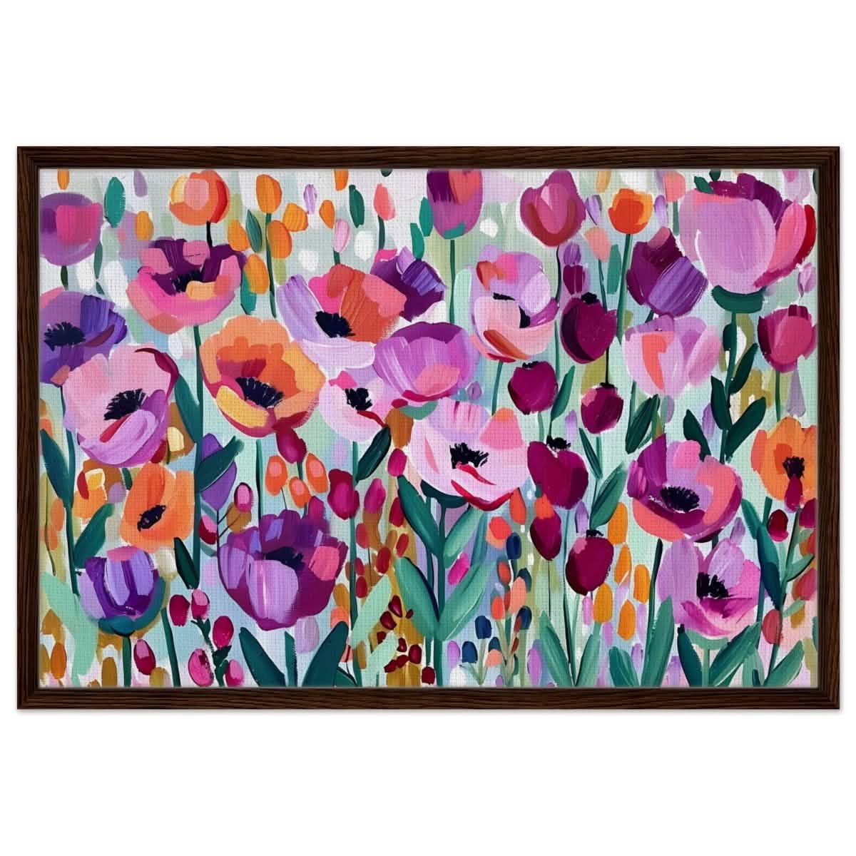 Bloom Symphony: Vibrant Floral Delight | Abstract wall art print - Framed Canvas - 60x90 cm / 24x36″ - Dark wood frame