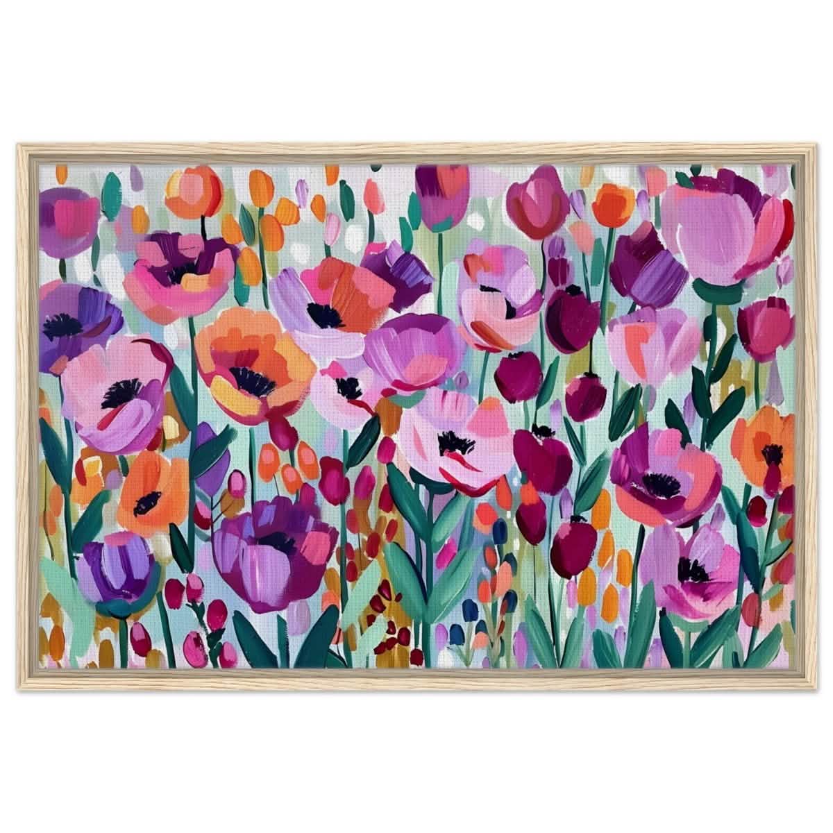 Bloom Symphony: Vibrant Floral Delight | Abstract wall art print - Framed Canvas - 60x90 cm / 24x36″ - Wood frame