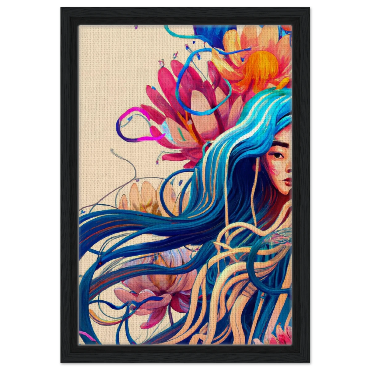 Blooming Whispers – Surreal Floral Femme Fantasy | Wall Art Print - Framed Canvas - 30x45 cm / 12x18″ - Black frame